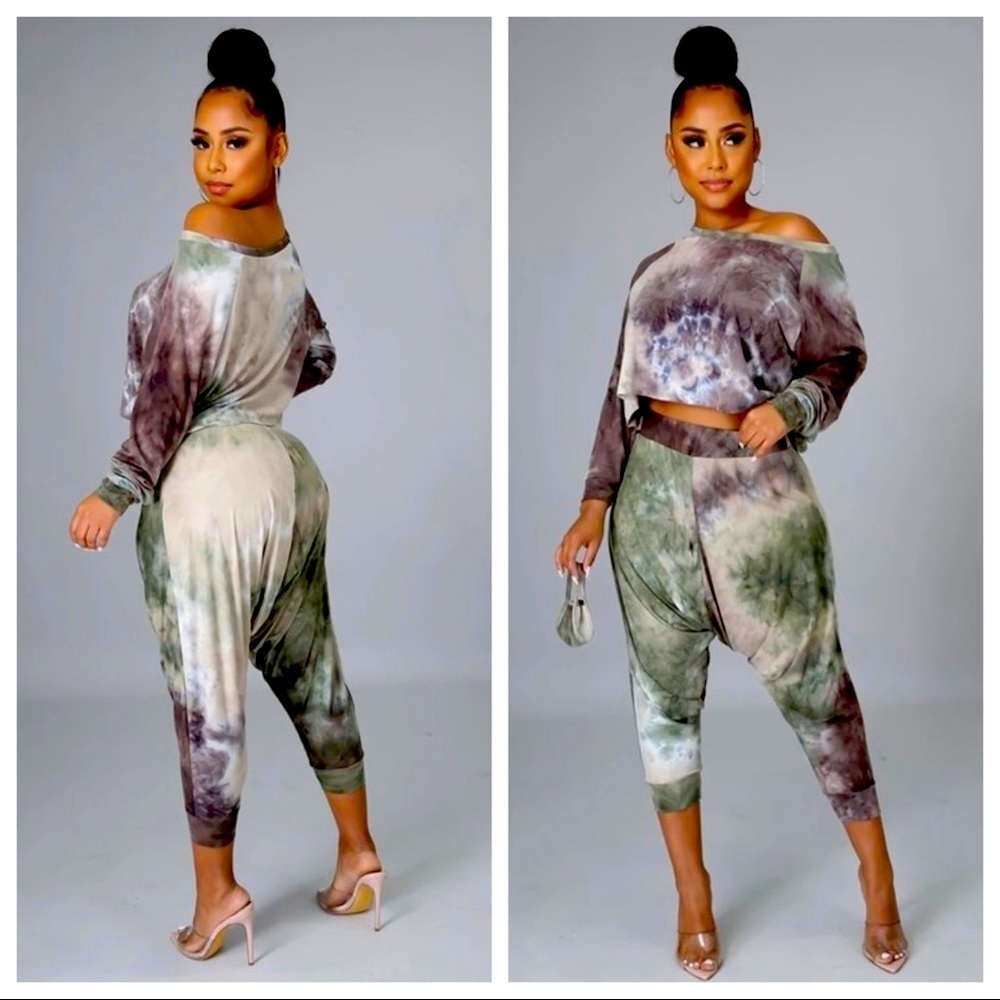 J. ELISE BOUTIQUE WOMENS NEW TRENDY Tye Dye Long Sleeve Crop Top Harem Pants Set